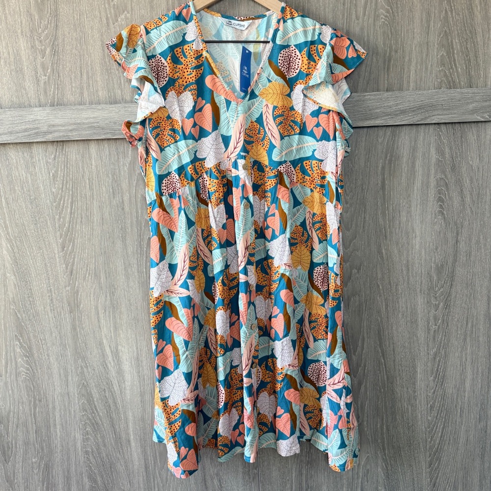 CUPSHE Mini Dress Women Large Blue Tropical Leaf Flutter Sleeve Button Boho NWT